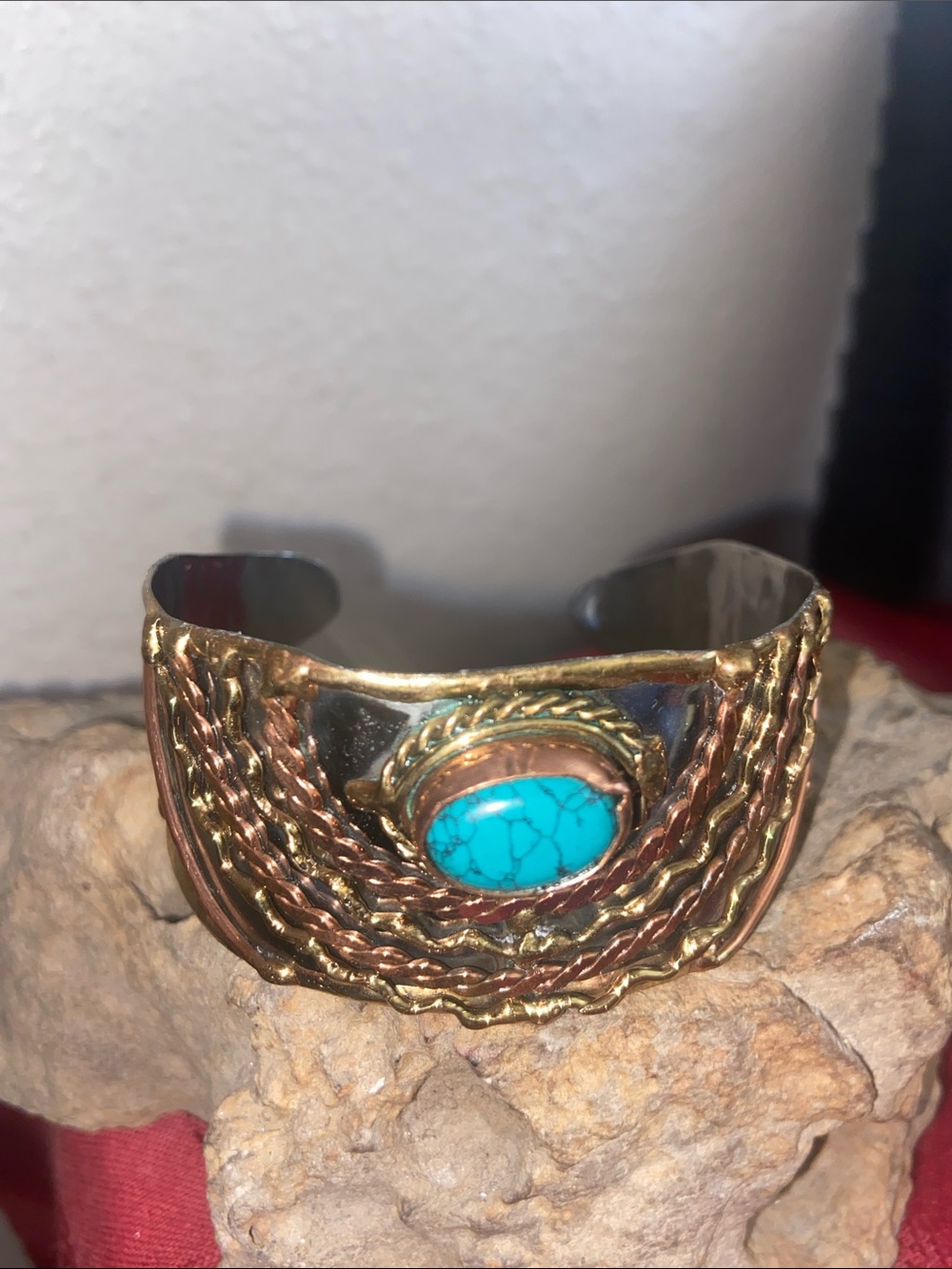 Vintage Brutalist Mixed Metals & Turquoise Cuff Bracelet